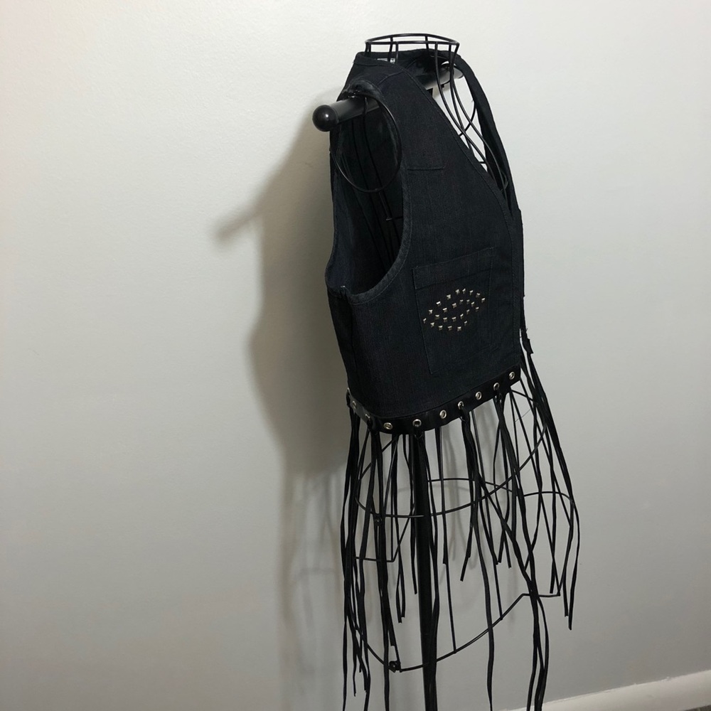 New Denim & Fringe Hippie Biker Vest, Faux Leather - Picture 3 of 3